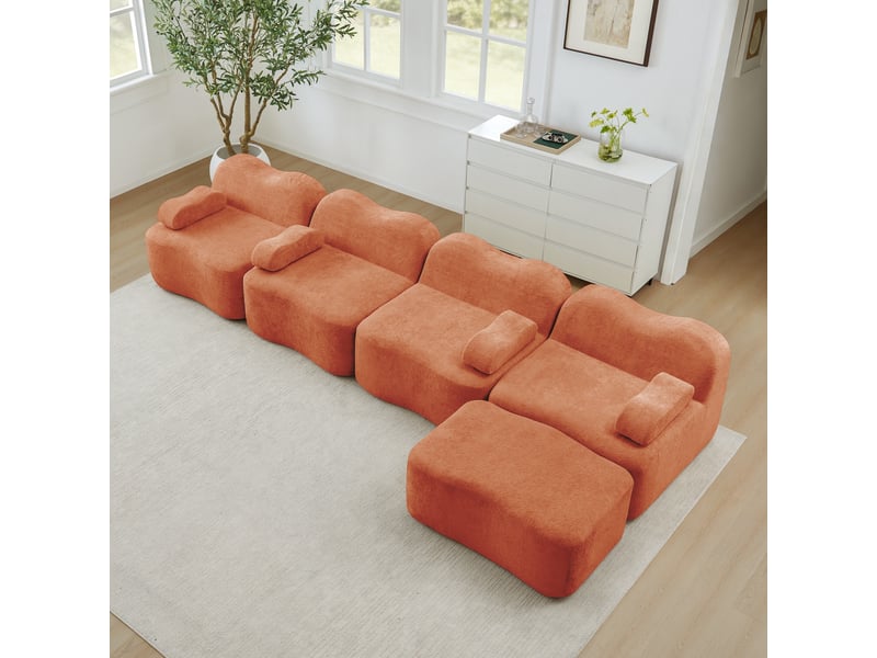 Canapé modulaire d'angle 4 places avec assise profonde et coussin d'accoudoir, en velours orange - Conforama D
