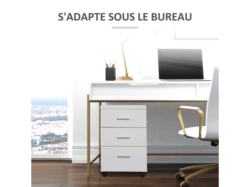  Caisson de bureau rangement bureau sur roulettes 3 tiroirs verrouillables blanc 40 x 40 x 61,5 cm  - Conforama E