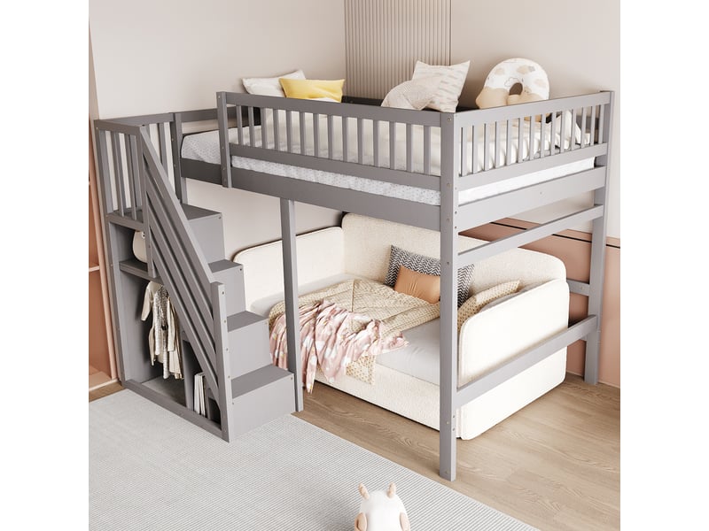  Lit mezzanine 140x200 cm, cadre de lit double en bois massif, lit enfant avec placard de rangement, gris  - Conforama C