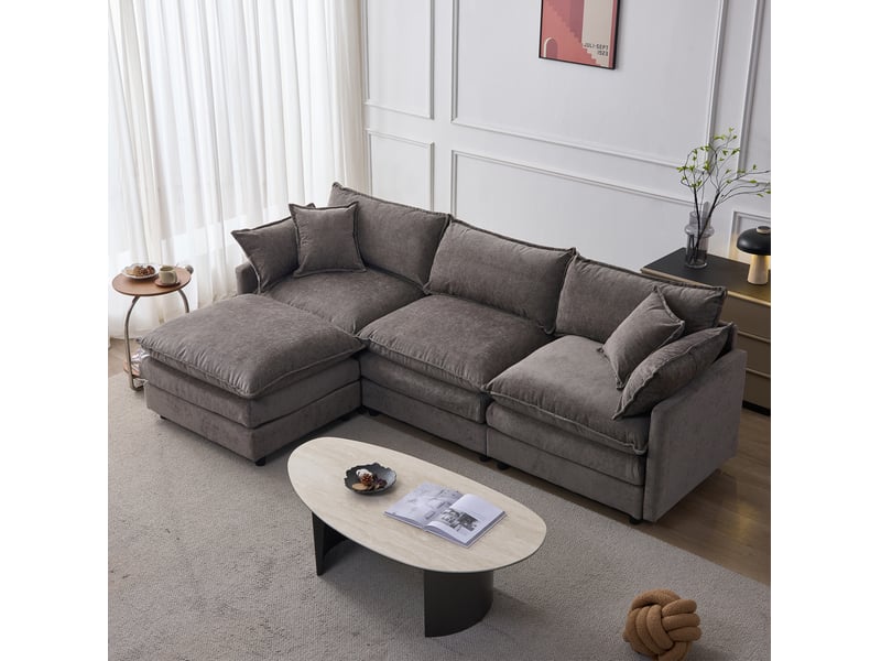  Canapé d'angle ulevr 3 places avec méridienne et pouf modulable 267 x 154 cm, chenille gris  - Conforama B