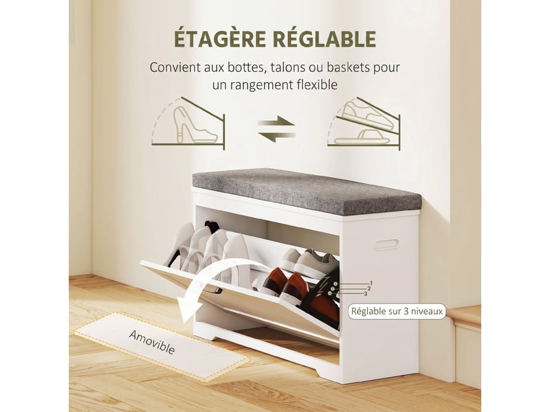 Banc à chaussures, banc d'entrée moderne avec siège rembourré, tiroir basculant et étagère ajustable, blanc, 80x30x50cm - Conforama R