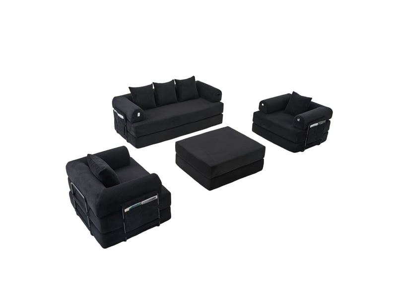  Canapé modulable 4 places en velours côtelé noir avec pouf et poche latérale, confort pour le salon  - Conforama A