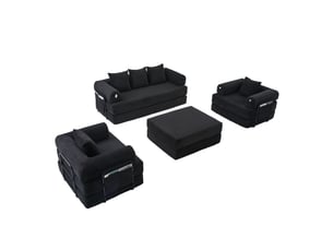 Canapé modulable 4 places en velours côtelé noir avec pouf et poche latérale, confort pour le salon