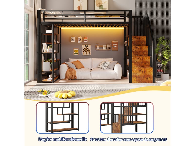  Lit mezzanine, 90 × 200 cm, noir, métal, led, étagères, barrières, marches, échelle, espace ouvert dessous, sans matelas  - Conforama D