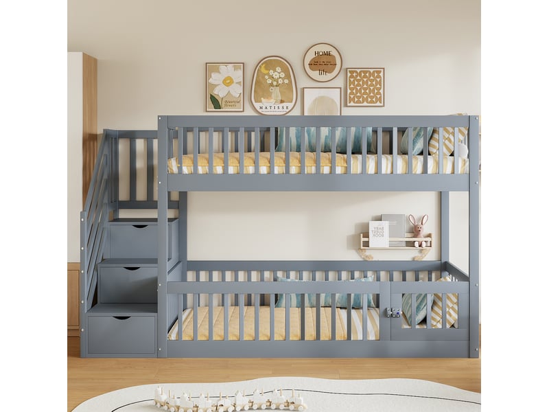  Elvmi lit superposé enfant 90x200 cm en bois massif gris avec échelle de rangement, tiroirs intégrés, porte ouvrante et sécurité renforcée  - Conforama E