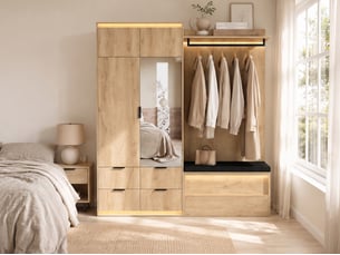 Ensemble armoire et vestiaire, led, miroir, banc, 2 penderies, mdf, 180 × 47 × 200 cm, effet chêne et anthracite
