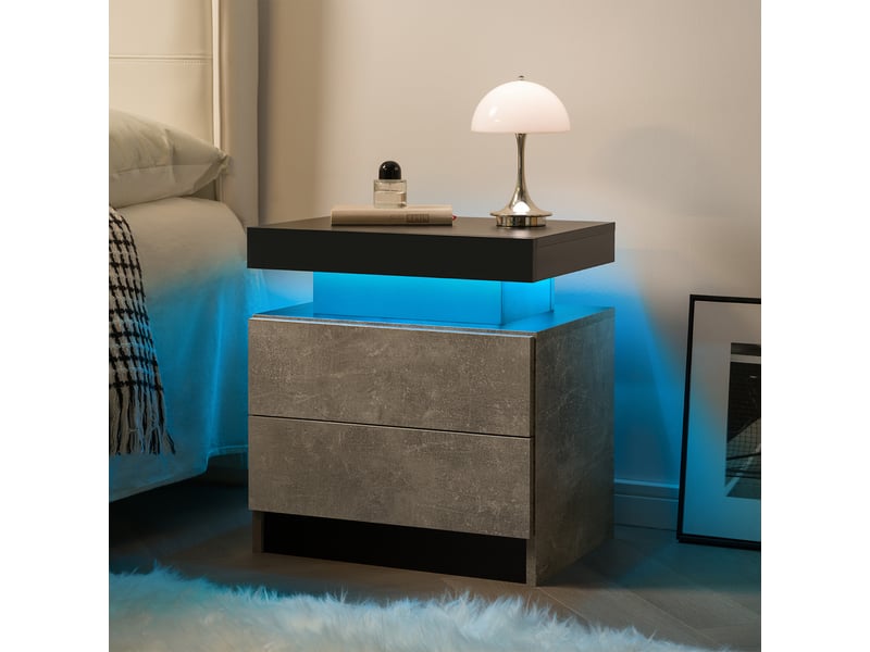  Table de chevet avec 2 tiroirs, niche ouverte et éclairage led pour chambre en bois d’ingénierie gris  - Conforama B