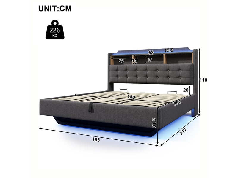  Lit coffre 180 × 200 cm 2 places avec led, usb-c, usb et rangement hydraulique, sans matelas, en lin gris  - Conforama D