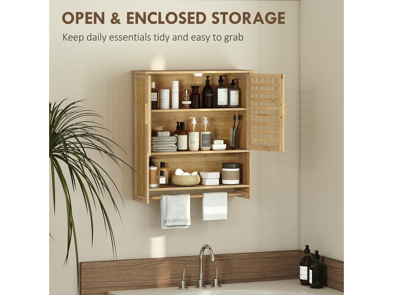 Meuble de salle de bain mural en bambou avec 2 portes à croisillons, étagère ouverte et étagère réglable, naturel - Conforama D