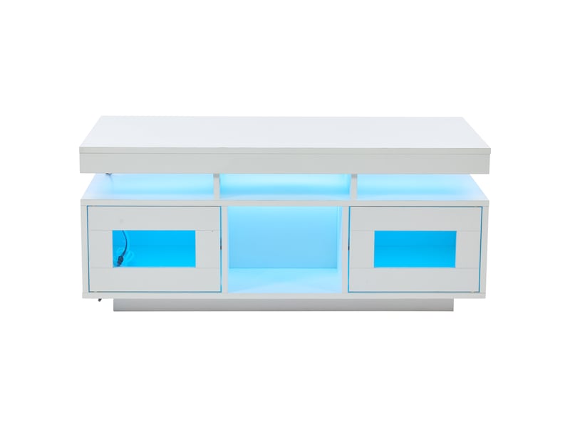Table basse blanche laquée brillante de 100 × 50 × 43 cm avec éclairage led contrôlable via application mobile, table de salon avec rangement, table d'appoint avec port de chargement et prise, idéale pour le bureau ou le séjour. - Conforama E