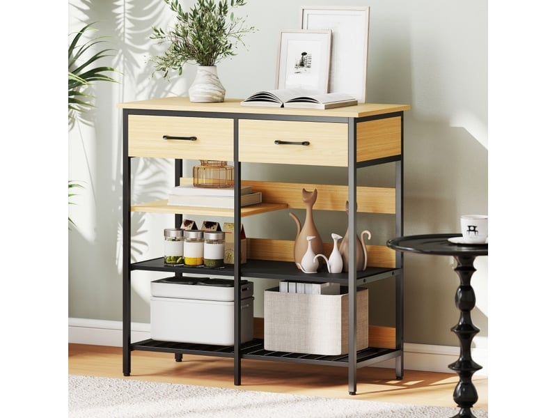 Buffet 90 x 40 x 91 cm naturel en bois et métal, 2 tiroirs 3 étagères ouvertes pour cuisine et salon - Conforama B