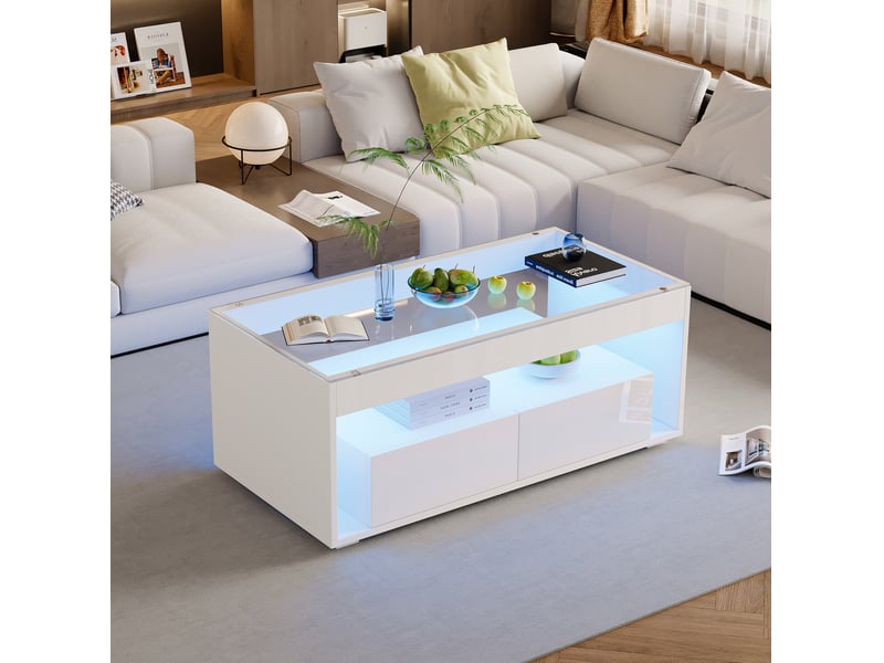  Table basse avec 2 tiroirs, 2 niches et led pour salon, en panneau de particules, blanche, 100 × 50 × 40 cm  - Conforama B