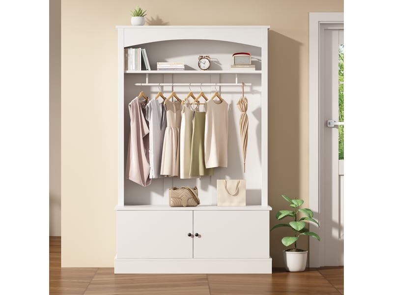 Vestiaire d'entrée avec banc à chaussures, meuble de rangement pour couloir et penderie multifonction 5 en 1, 120x40x190 cm, blanc  - Conforama B