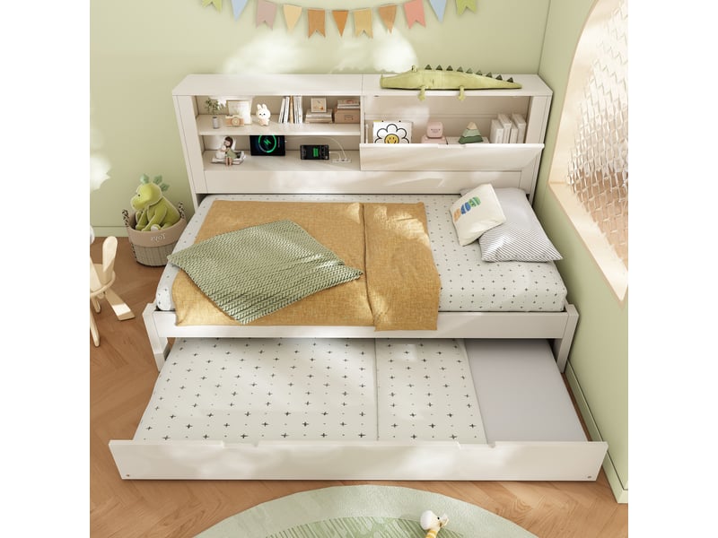 Lit gigogne 90x200 cm, tête de lit avec rangement, couchage gigogne, usb et usb-c, sommier à lattes pour chambre - blanc  - Conforama E