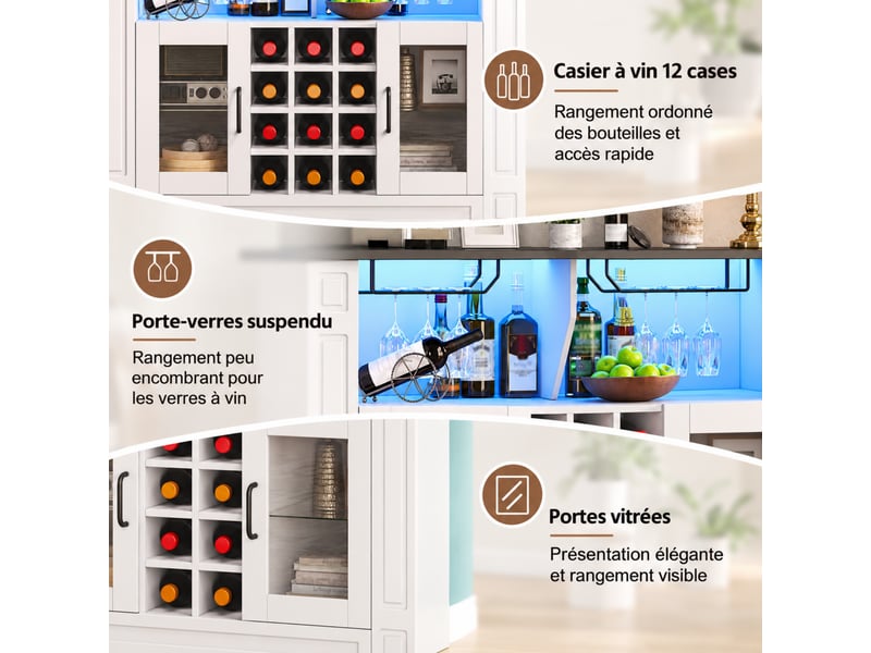  Buffet de cuisine 120x35x84 cm blanc en mdf, led, casiers à bouteilles et supports pour verres  - Conforama E