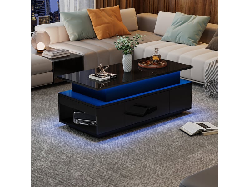  Table basse relevable 96x45x40 cm avec coffre rangement et tiroir plateau moderne brillant aggloméré noir  - Conforama D
