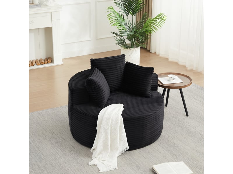  Fauteuil lounge rond avec 3 coussins, accoudoirs larges et base antidérapante, en velours côtelé noir  - Conforama C