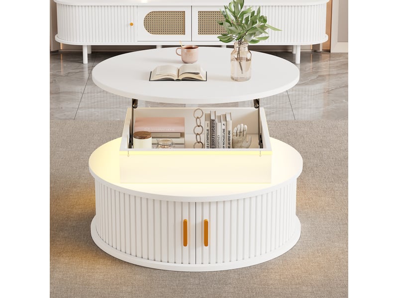  Table basse ronde blanche réglable en hauteur avec éclairage led, rangement caché et portes coulissantes, 75x75x52cm  - Conforama B