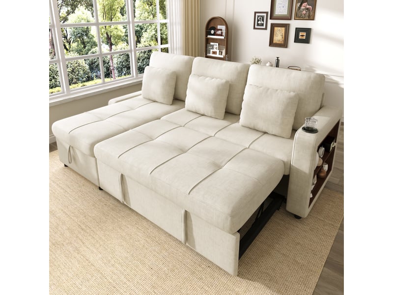  Canapé d’angle convertible en lit 201,3 cm 3 places avec méridienne coffre, porte-gobelet, étagère 2 niveaux, poches latérales, chenille beige  - Conforama C