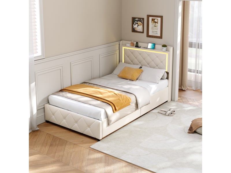  Lit simple de rangement 90×200 cm, avec 2 tiroirs de rangement, cadre de lit revêtu de velours, tête de lit avec éclairage led rgb et port usb type-c, beige, matelas non inclus 250616WXL0301#ADHW0eLaN1FRHF - Conforama D
