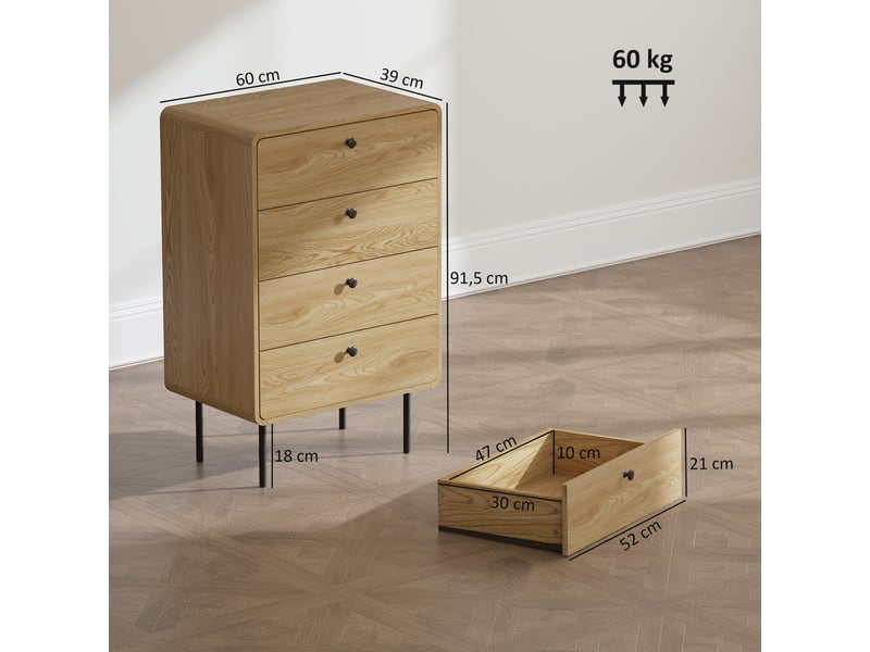  Commode 4 tiroirs, meuble de rangement étroit avec pieds en acier, coins arrondis, chêne, 60 x 39 x 91,5 cm  - Conforama C