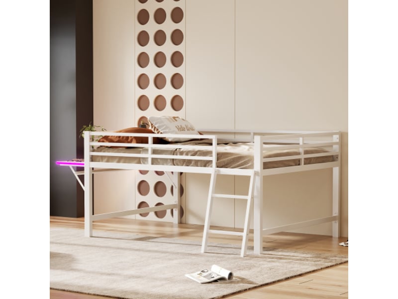  Lit mezzanine 140x200 cm coloris blanc led métal lit enfant blanc - Conforama D