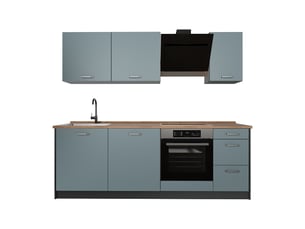 Vicco cuisine, bleu-grisanthracite, 220cm plan de travail chêne doré