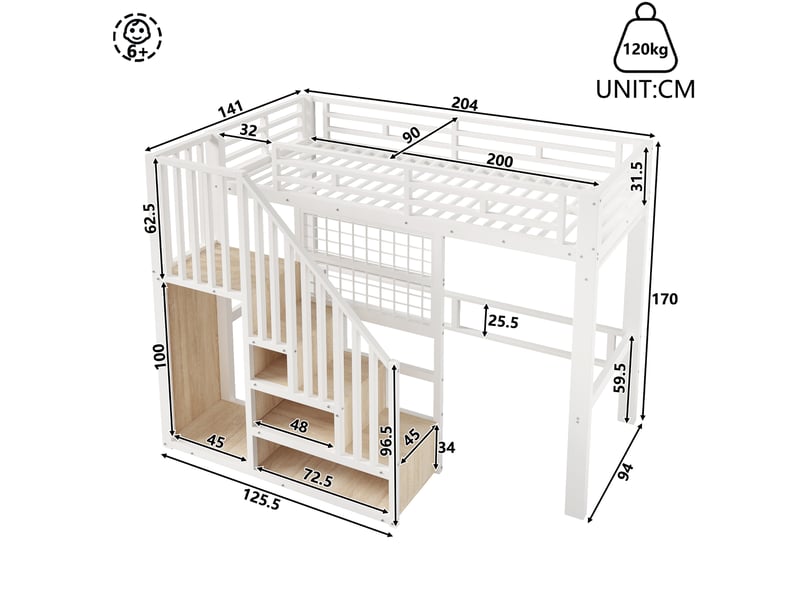  Lit mezzanine 90x200 cm avec led, escalier de rangement, panneau grillagé, support projecteur et sommier, gain de place en métal, blanc Sol Morn - Conforama C