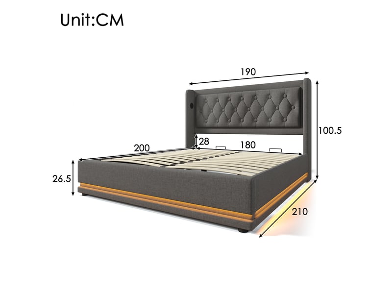  Lit coffre hydraulique 180x200 cm en coton gris avec tête de lit capitonnée, ports usb et type-c, éclairage led sur 3 côtés.  - Conforama C