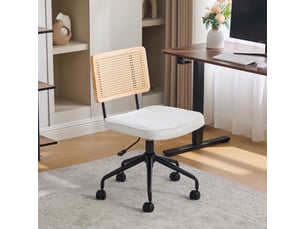 Chaise de bureau rotin vintage avec roulettes, tissu chenille ivoire — réglable et pivotante