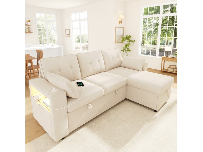  Canapé d'angle convertible 3 places 213x131x83 cm avec coffre, led, usb et rangement, couleur beige, moderne  - Conforama B