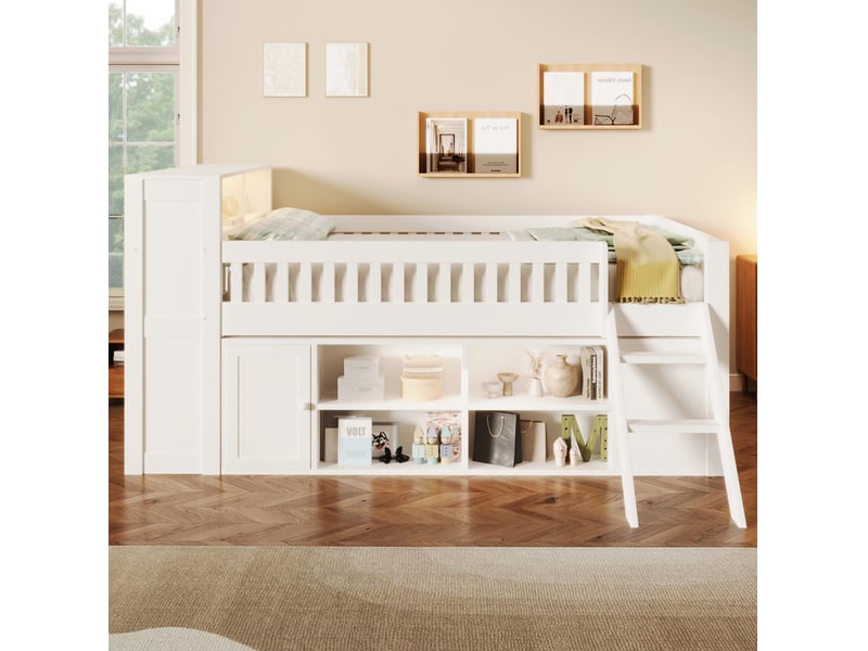  Lit mezzanine 140x200 cm avec éclairage led et rangement, mdf et bois, couleur blanc, sans matelas  - Conforama B