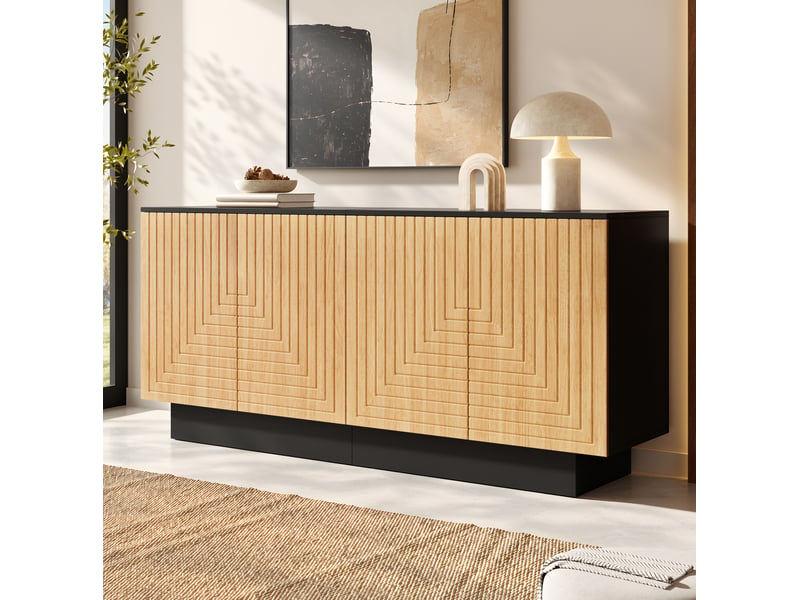  Buffet bas 4 portes 160x40x75 cm à façades structurées, finition naturelle  - Conforama B