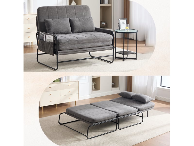  Canapé convertible deux places modenvie en chenille gris avec structure en métal, poches latérales et couchage 104 x 200 cm  - Conforama E