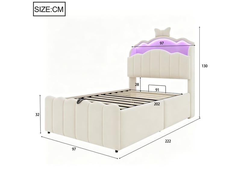  Lit coffre 90x200 cm, rangement hydraulique et tête de lit led avec ports usb et type-c, en velours, beige  - Conforama C