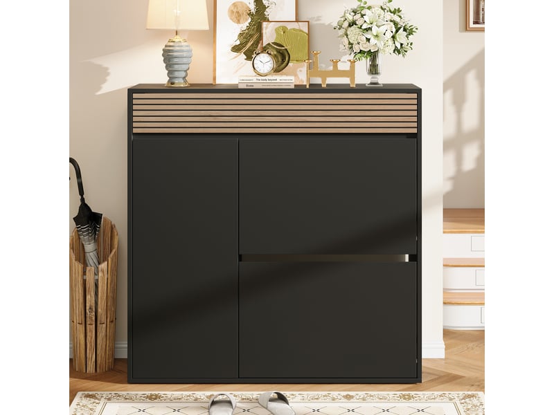  Meuble à chaussures étroit 100x35x105 cm avec tiroir et portes abattantes mdf noir + bois naturel  - Conforama W