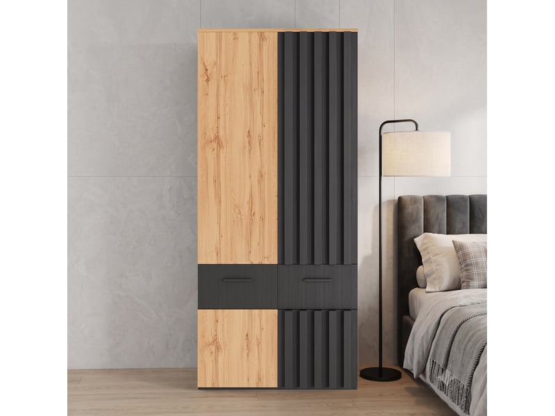Armoire avec penderie, 2 tiroirs et 2 étagères, finition lamellée, pour chambre, noir et bois, 90 × 50 × 200 cm - Conforama C