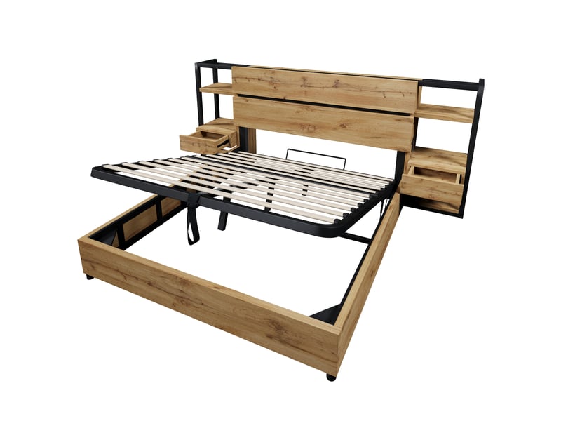  Lit double 160 × 200 cm avec coffre, 2 tiroirs, 3 niches, usb et type-c, matelas inclus, en mdf, chêne  - Conforama E