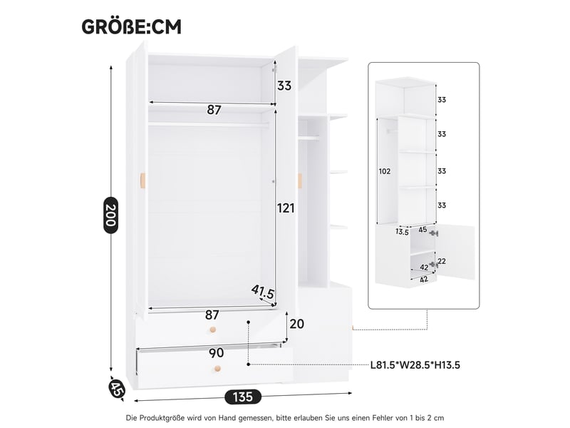 Armoire de chambre - 135 x 45 x 200 cm - armoire de rangement avec 2 portes battantes, 2 tiroirs et étagères latérales - blanc - Conforama E