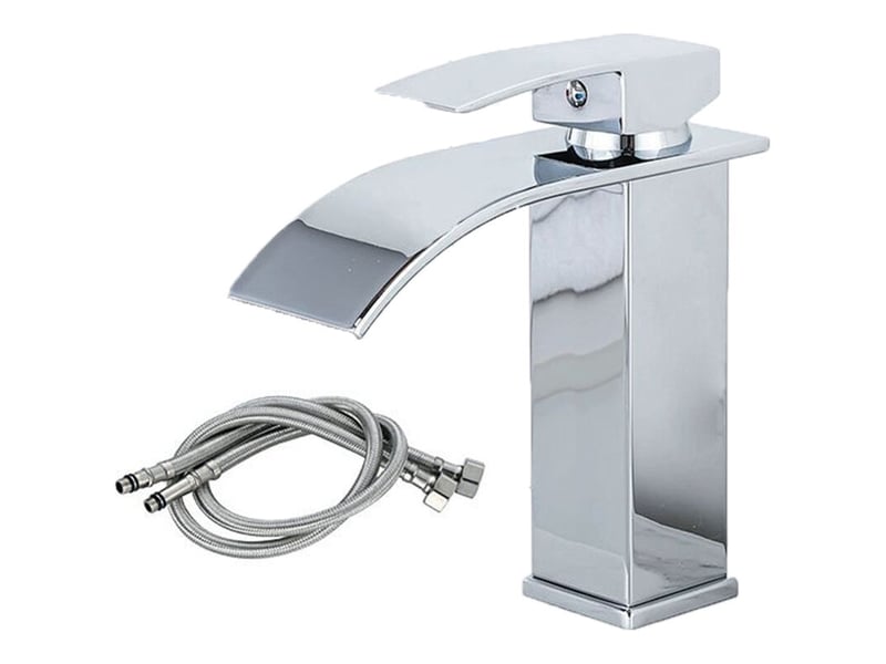  Robinet lavabo cascade, mise à niveau moderne mitigeur salle de bain, robinetterie grand bec carré en laiton, eau chaude et froide disponible, argent  - Conforama A