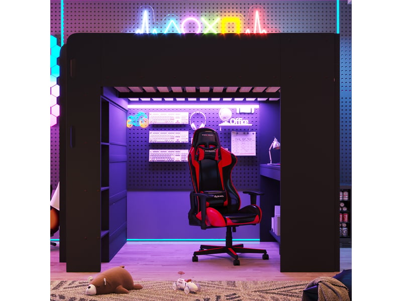  Lit mezzanine gaming 140x200 cm noir, avec bureau, penderie, rangements, led, usb, structure bois, sommier inclus, sans matelas  - Conforama R