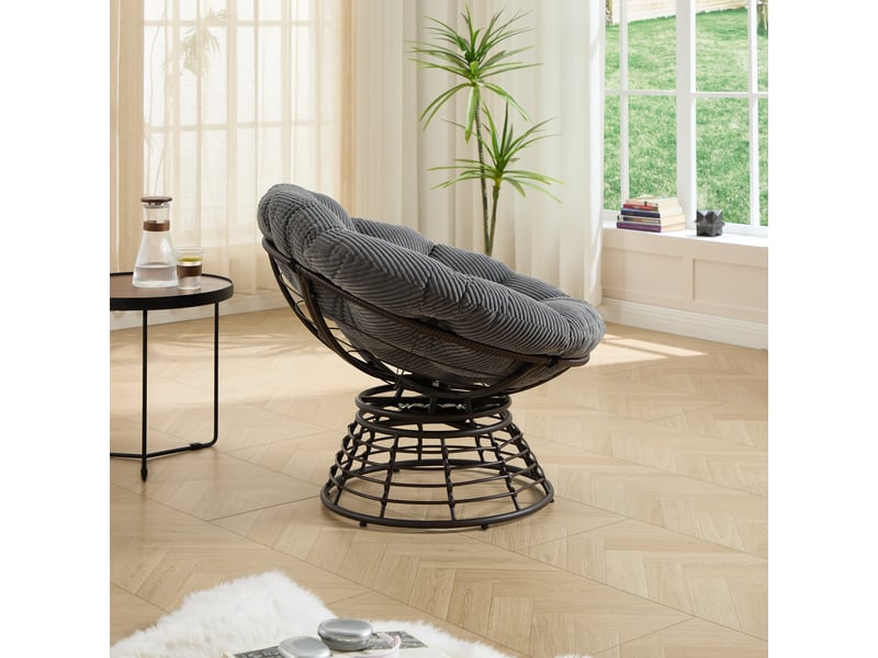  Fauteuil papasan en rotin marron pivotant 360° avec coussin gris côtelé  - Conforama D