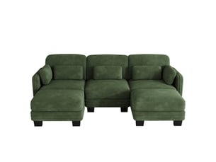 Canapé modulable 3 places en chenille verte 253x143x88 cm avec 2 poufs, coussins lombaires et montage facile salon
