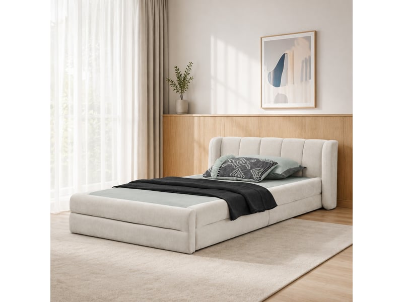  Lit simple 90x200 cm avec tête de lit matelassée en chenille beige  - Conforama C