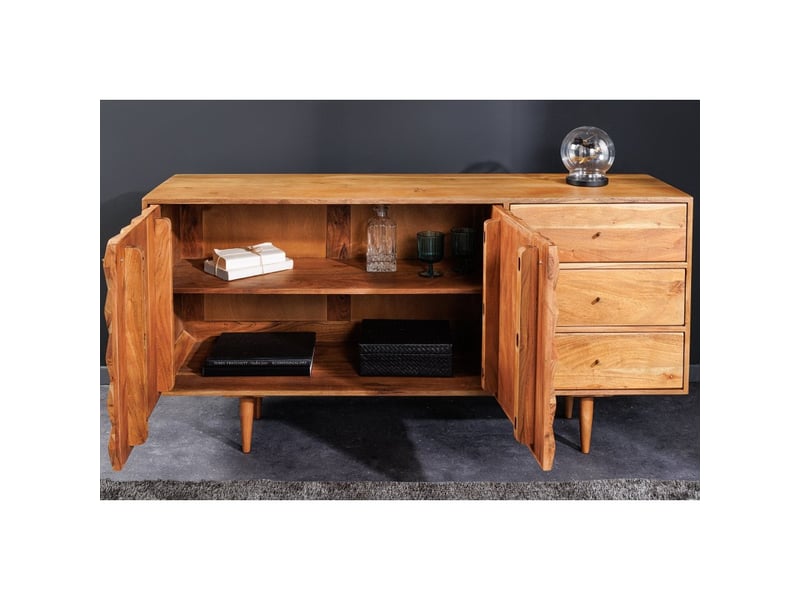  Buffet aravis 145 cm – bois massif acacia clair sculpté – 2 portes et 3 tiroirs  - Conforama C