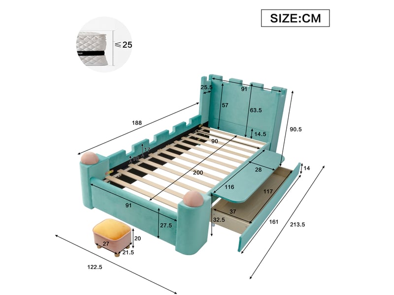  Lit enfant 90x200 cm avec tablette pliante et tiroir de rangement, en bois et tissu bleu vert  - Conforama E