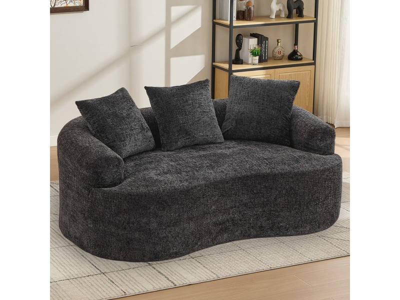 Petit canapé en chenille avec trois coussins, lignes courbes et assise profonde, sans montage, idéal pour appartement ou salon, couleur noire - Conforama B