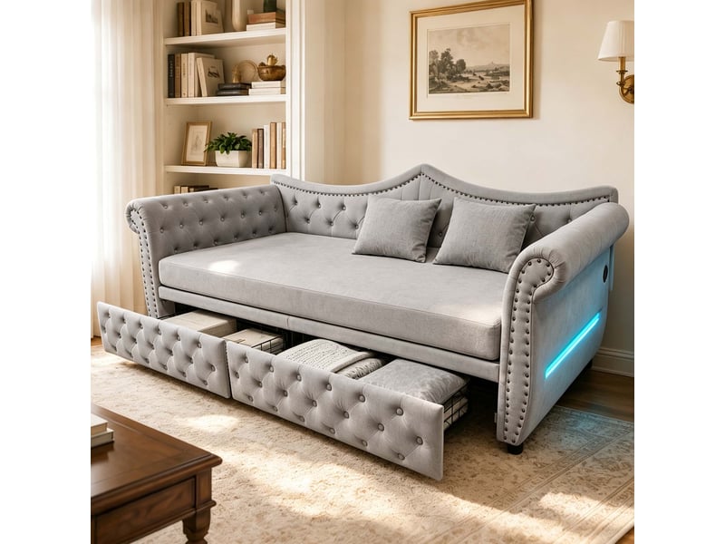  Lit banquette 90 x 200 cm avec 2 tiroirs, led et usb, canapé-lit rembourré en velours gris avec clous décoratifs et sommier à lattes pour salon  - Conforama B