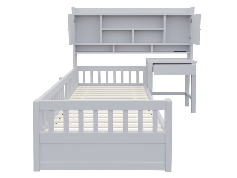  Lit enfant 90x200 cm en bois avec bureau à tiroirs, niches de rangement, led, prise et barrières, gris Fay Lum - Conforama W