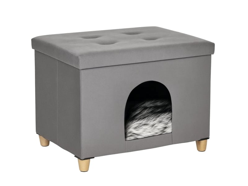  Maison pour félin et repose-pieds 60 x 45 x 44,5 cm – gris – coussin moelleux amovible avec pieds en bois  - Conforama A